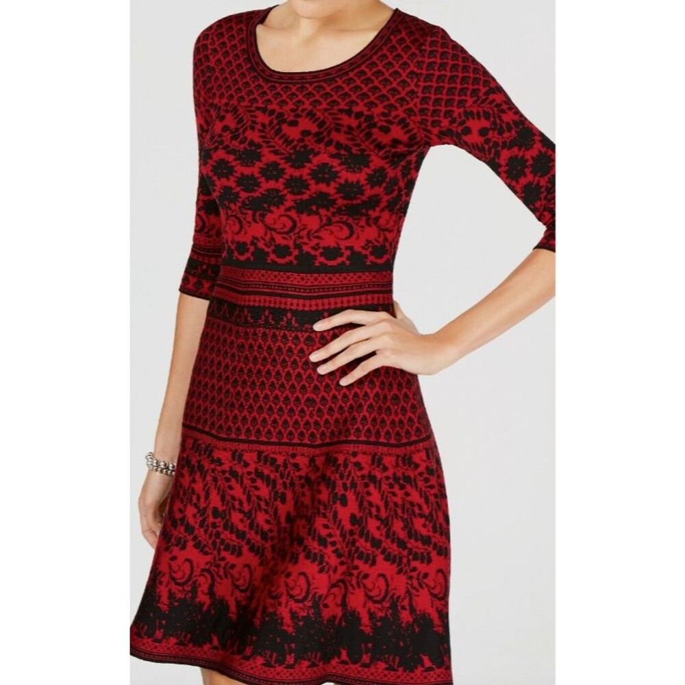 Ann Taylor Women's 3/4 Sleeve Jacquard Print Sweater Dress Dark Red / Black XL